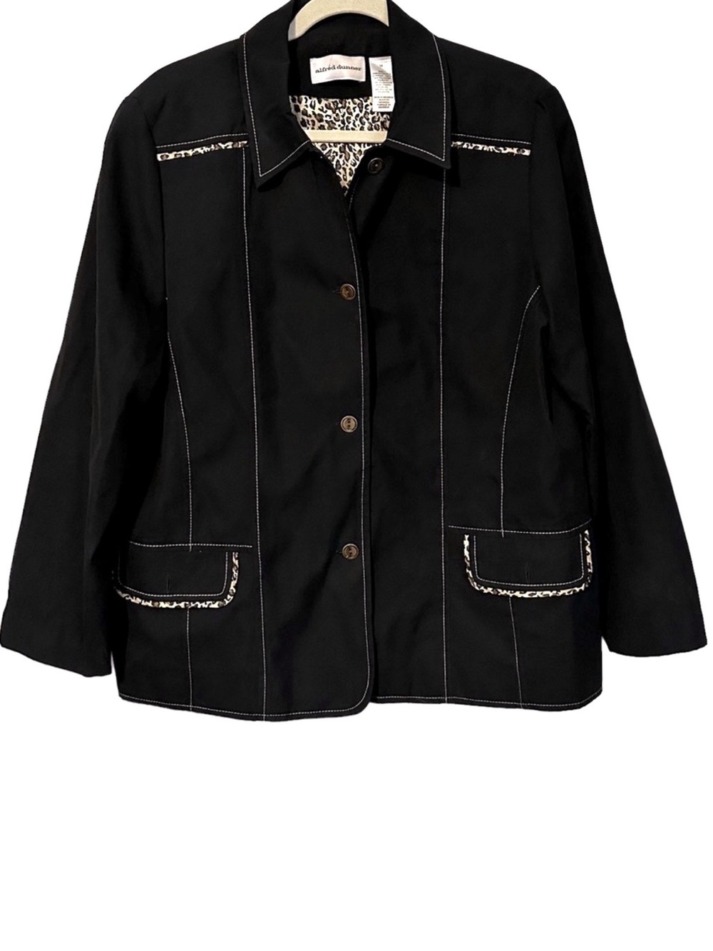 Alfred Dunner Black Leopard Trim Blazer Jacket Animal Print Career Size 16